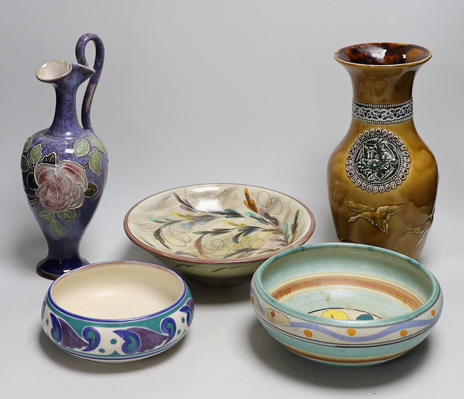 A Doulton stoneware vase and jug, tallest 28cm, together with three art ceramic bowls